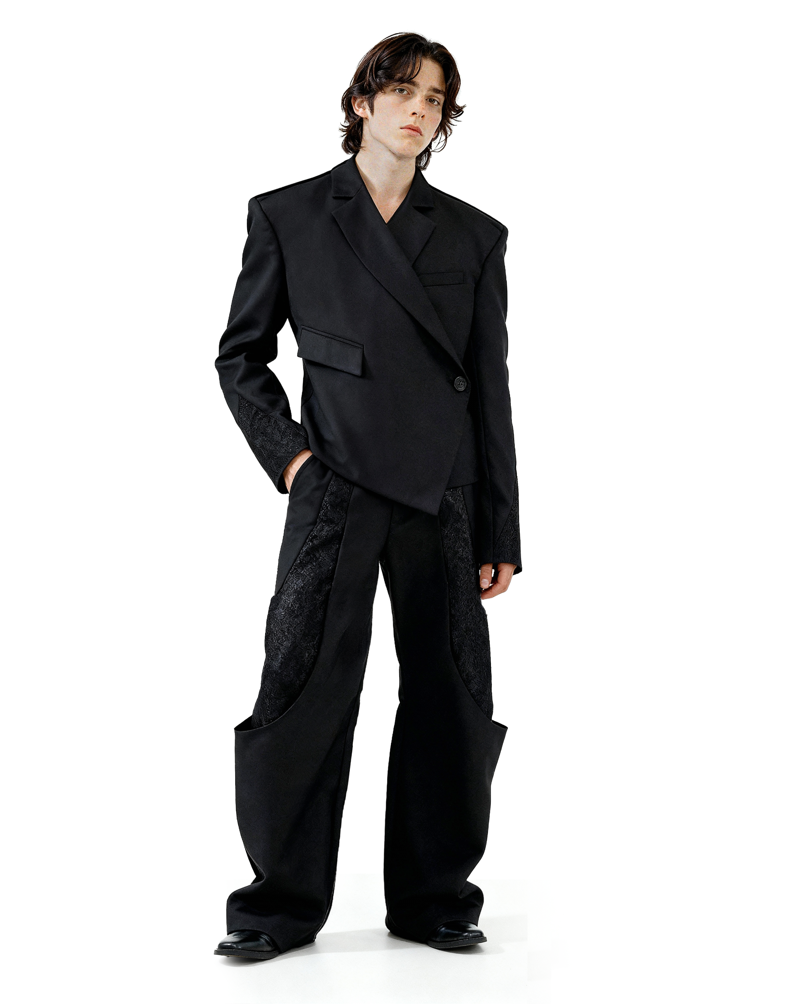 Asymmetric Overlap Button Lace Patchwork Blazer - nightcity clothing