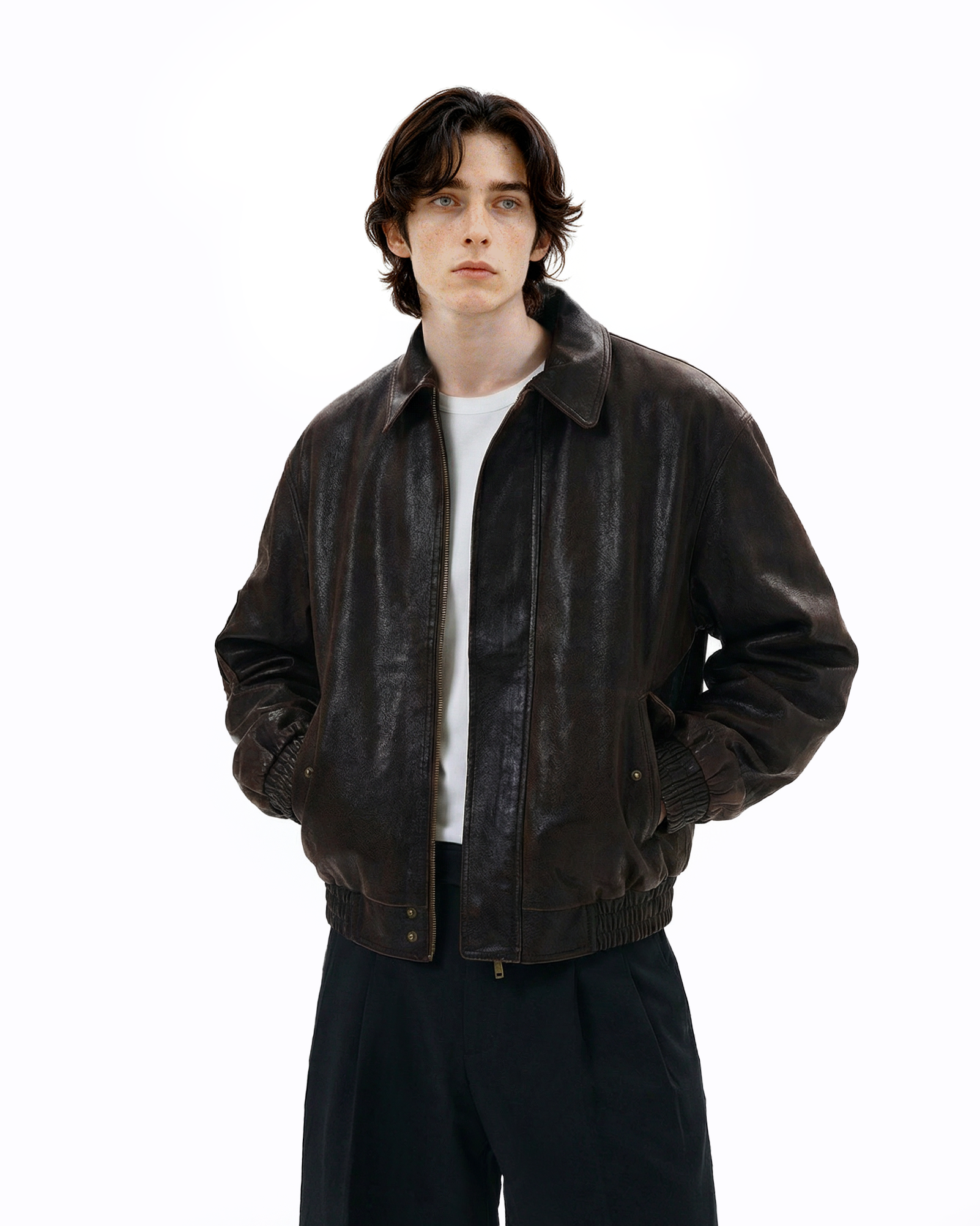 Faux Leather Vintage-Effect Collared Bomber Jacket