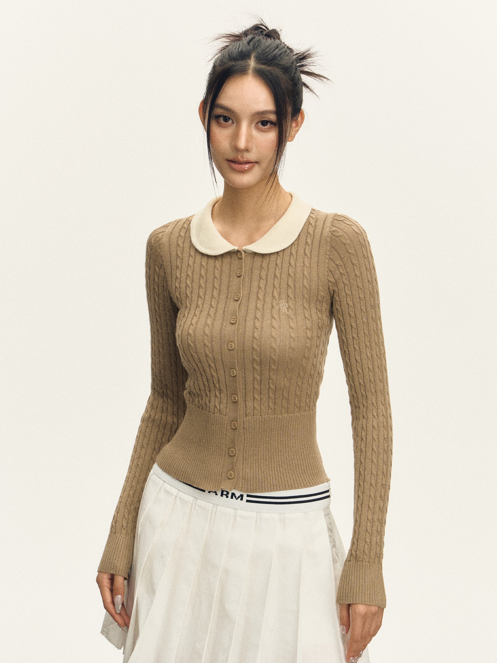 Cable Knit Crop Cardigan with Contrast Collar