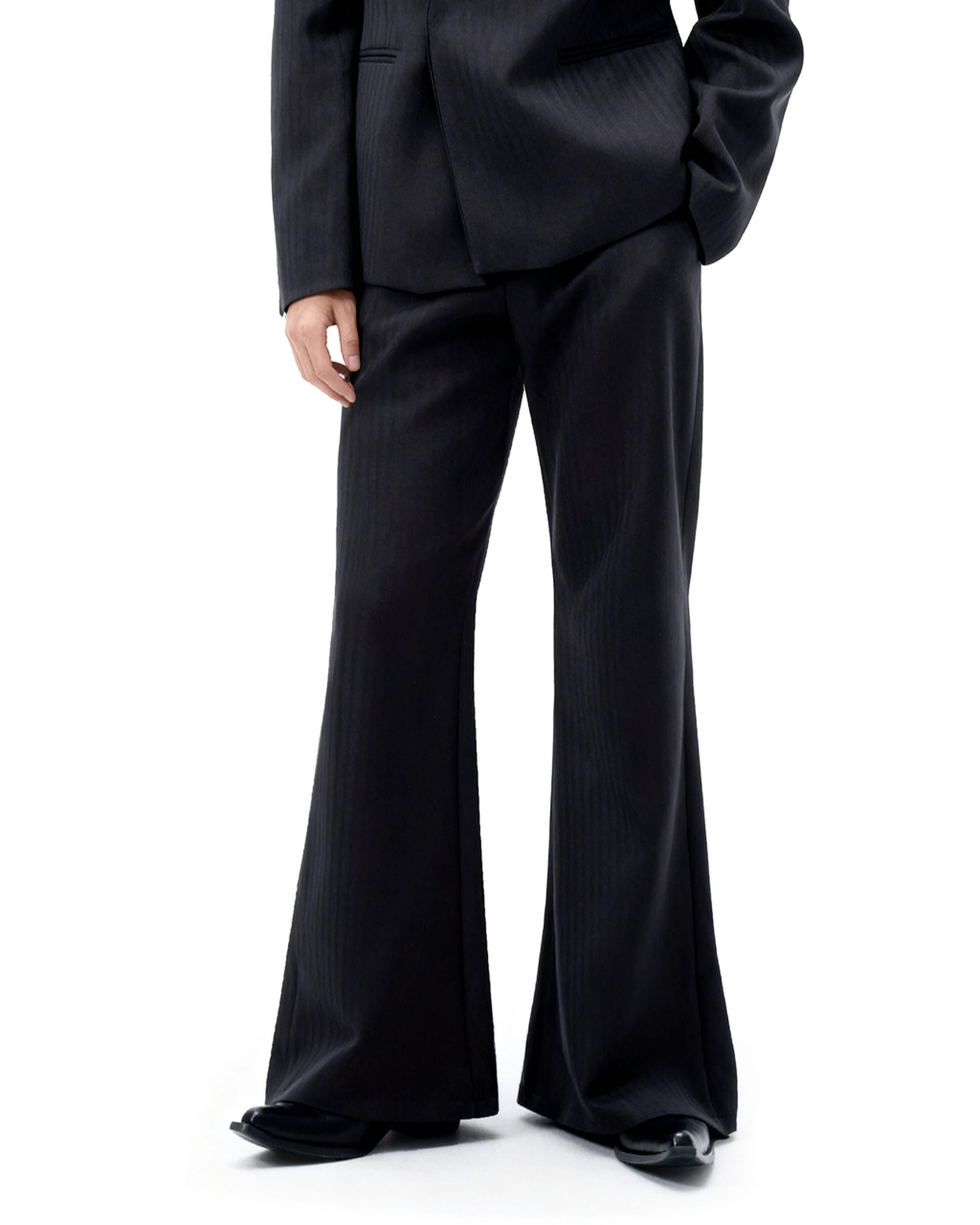 Overlap Stripe-Texture Wide Lapel Blazer and Flare Trousers Suit-5