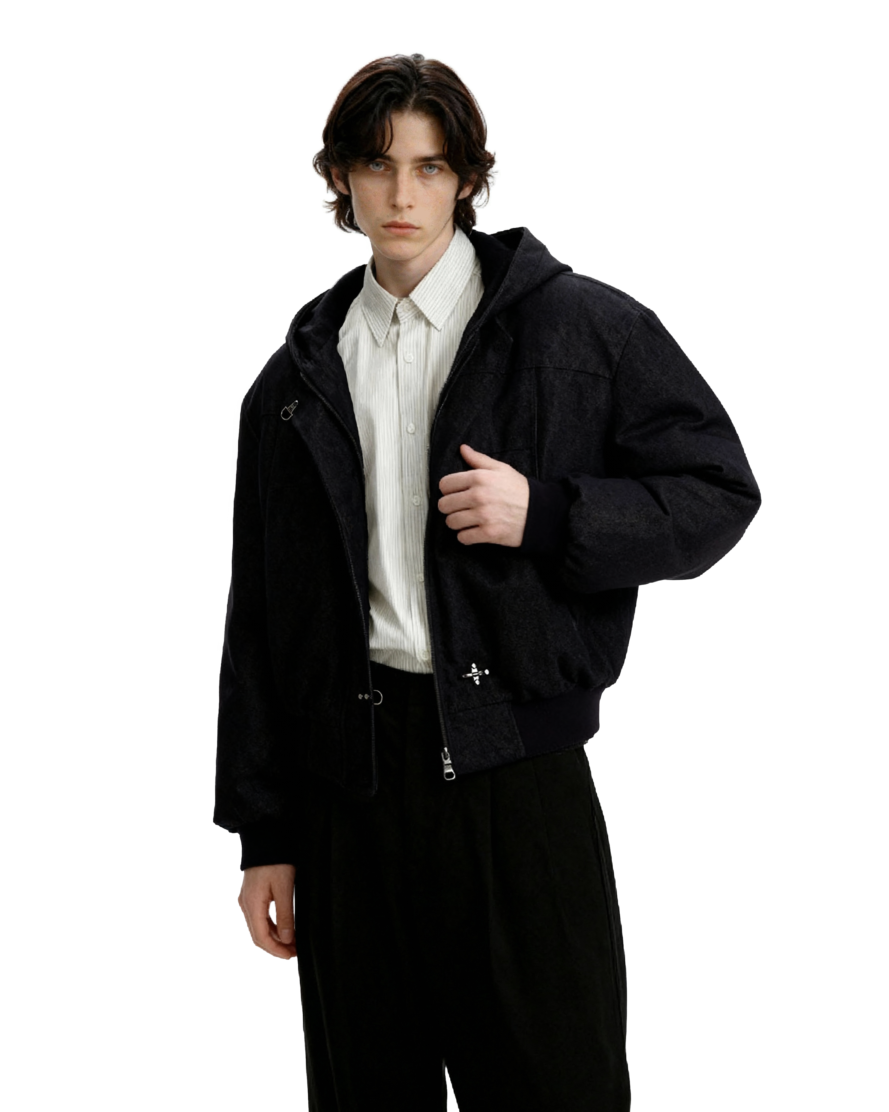 Boxy Fireman Clasp Hooded Dark-Wash Denim Zip Jacket