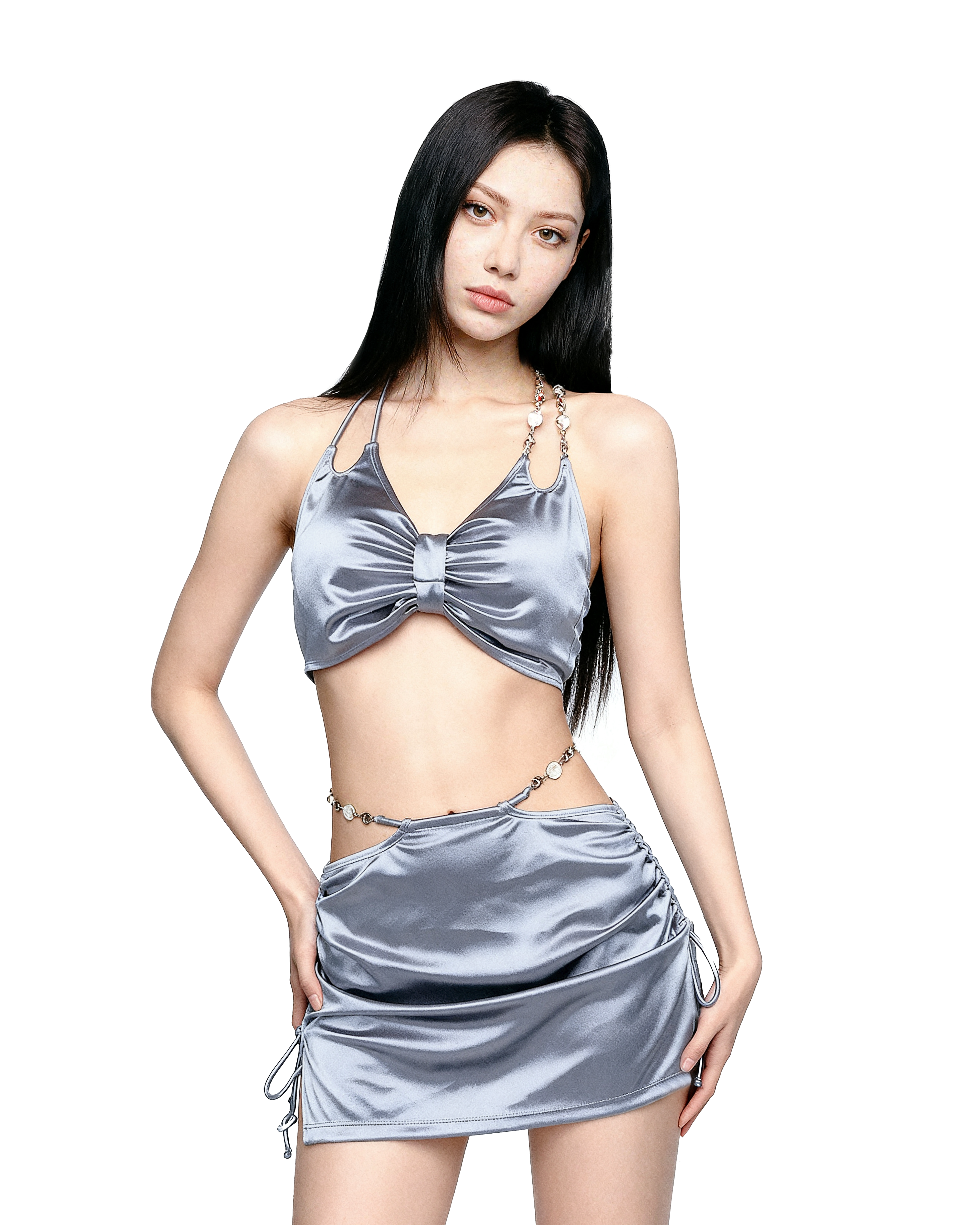 Satin-Finish Halter Neck Bikini Top and Sarong Set-2