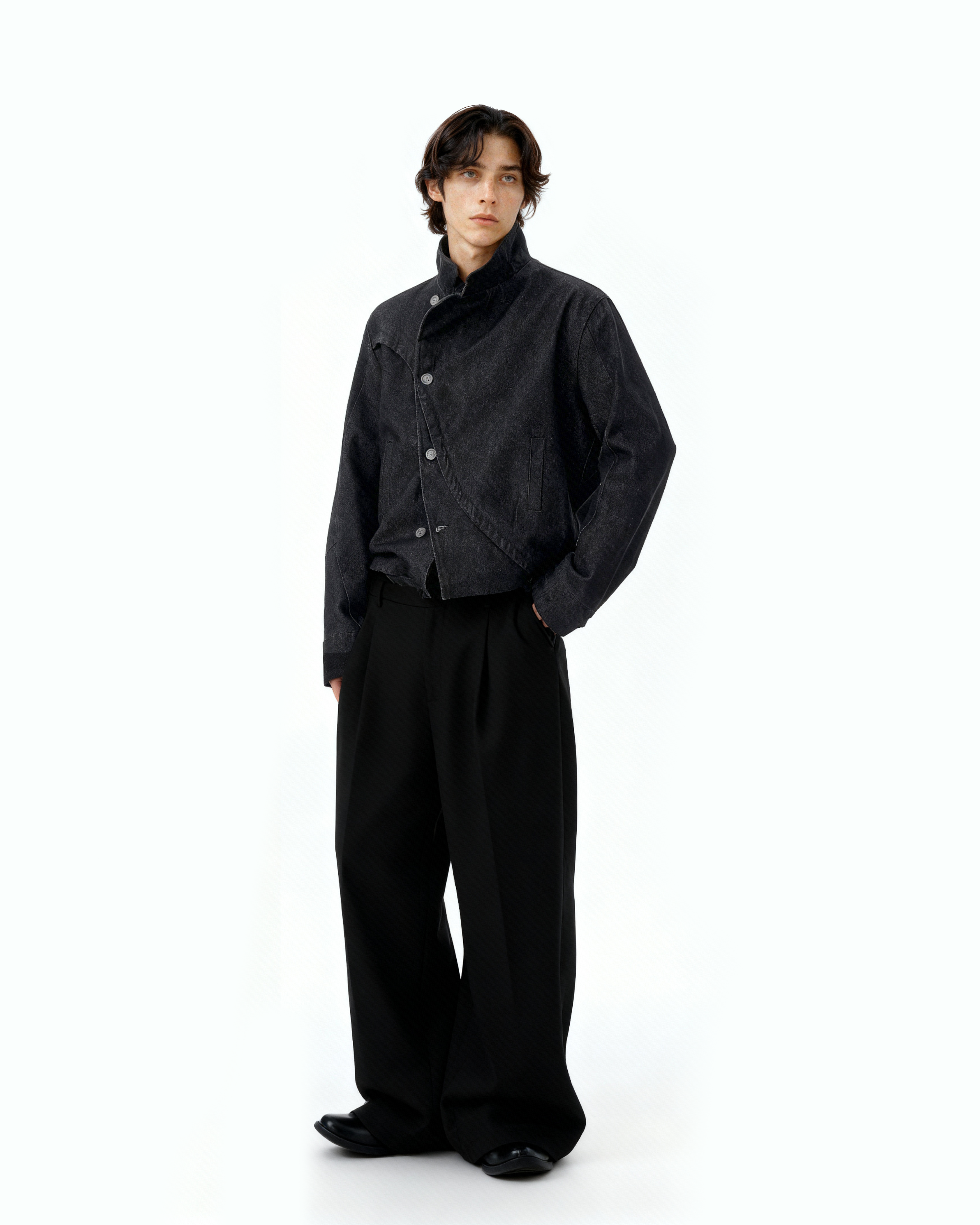 Overlap Asymmetric-Button Fencing Denim Jacket