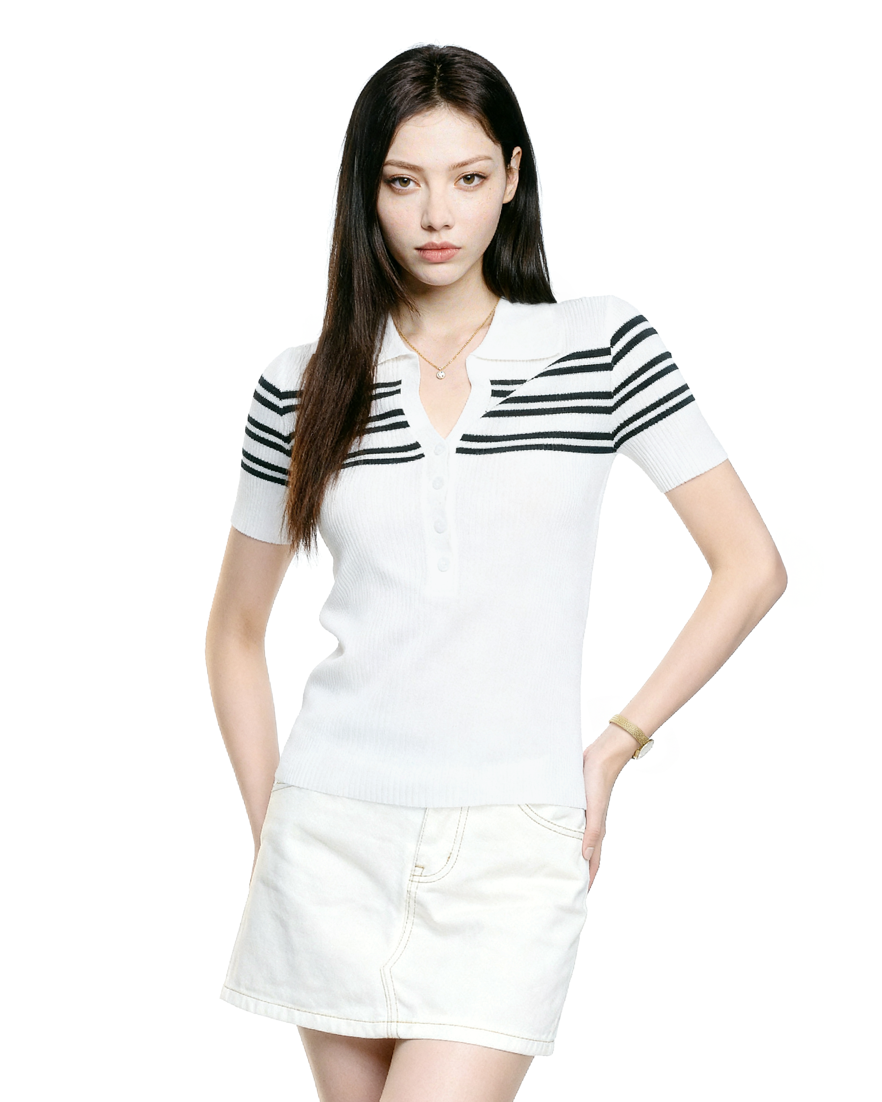 Stripe Ribbed Knit Polo Shirt with Button Detail-2