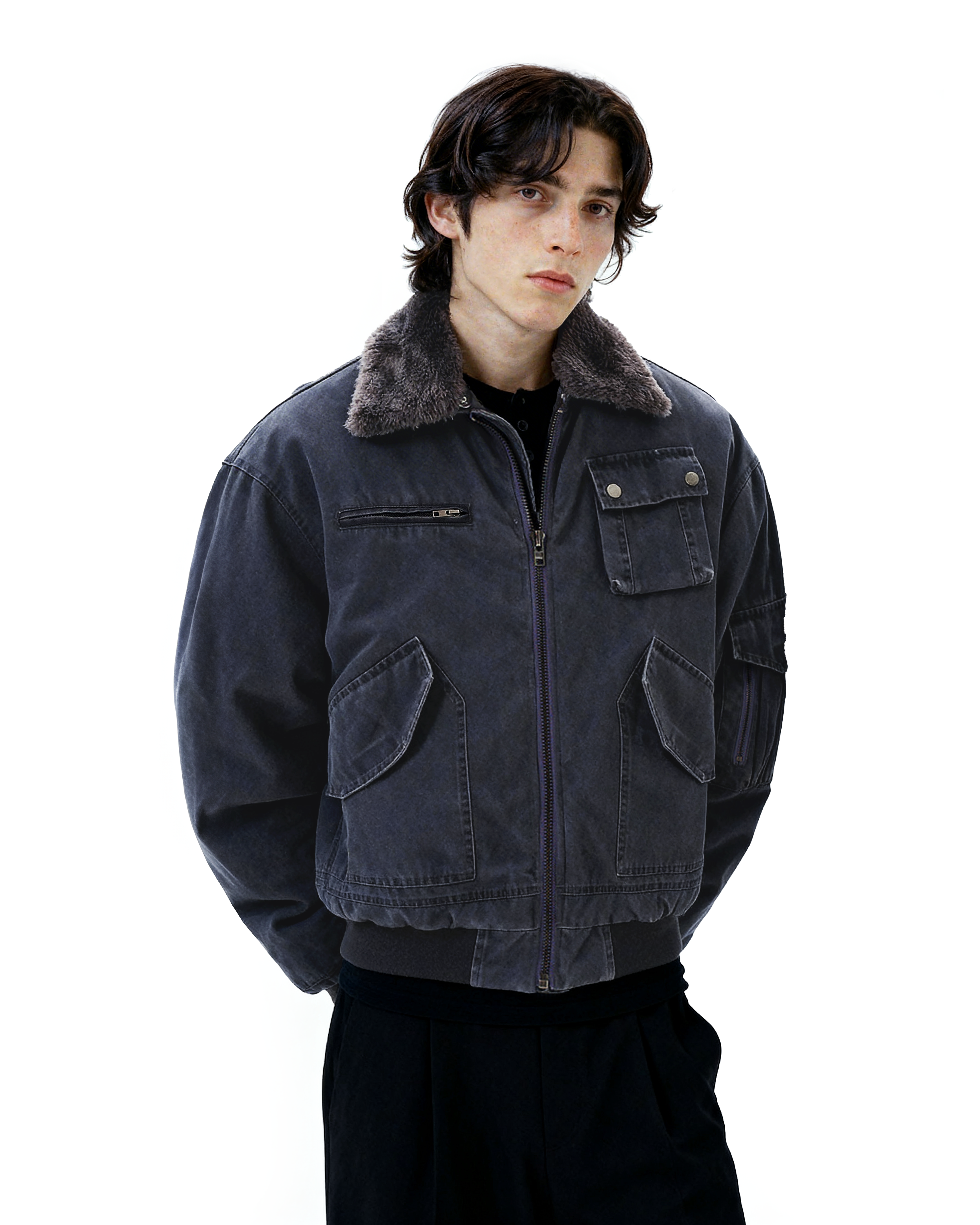 Faux Shearling Collar Worker Bomber Jacket - nightcity clothing