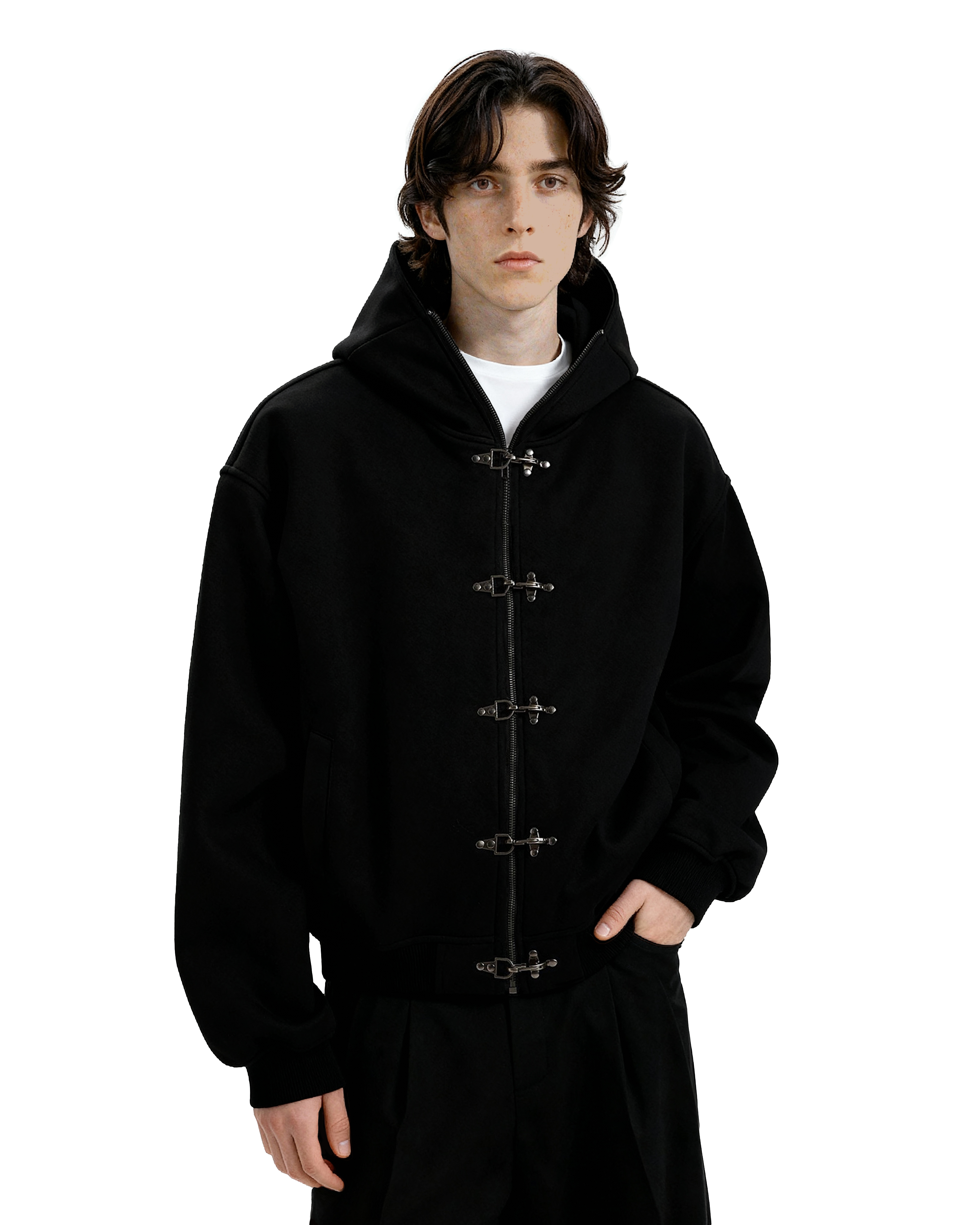 Oversized Fireman Clasp Zip-Up Hooded Bomber Jacket
