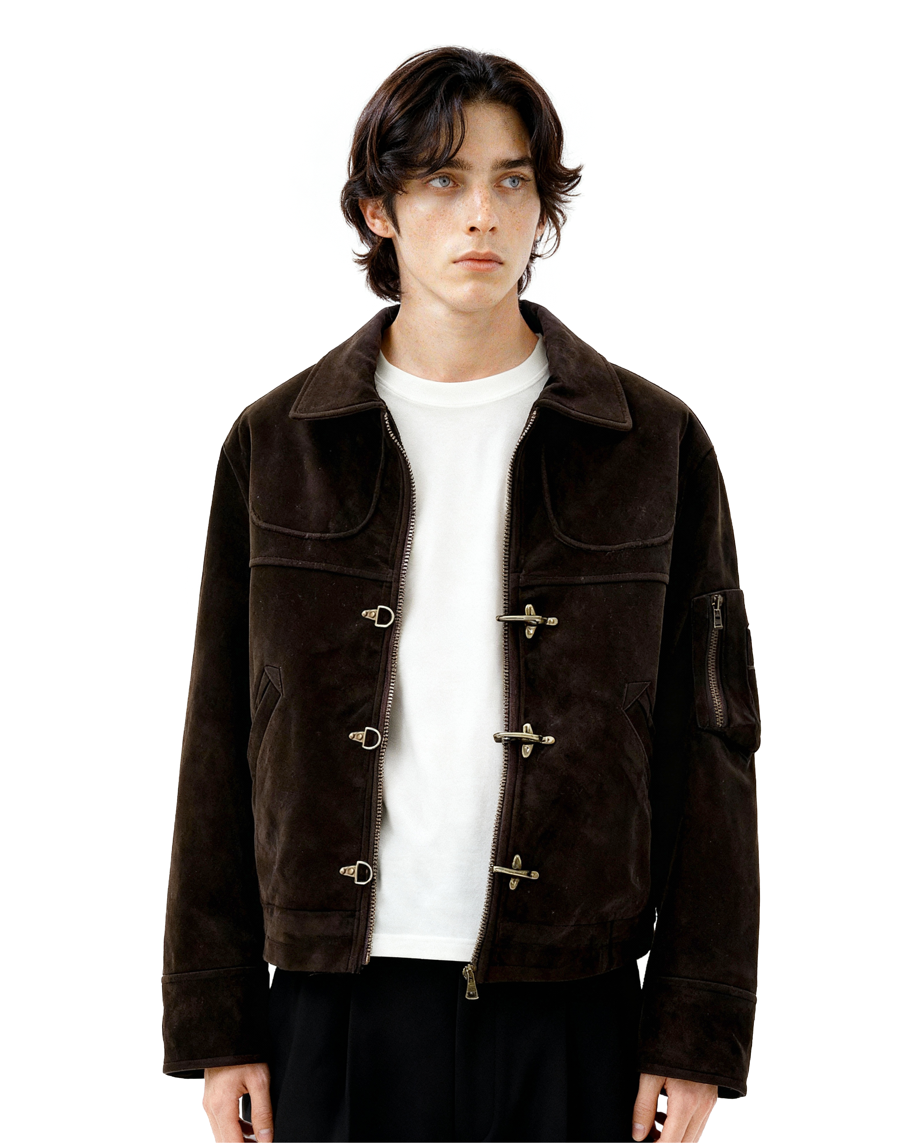 Suede Panelled Fireman Buckle Zip Jacket