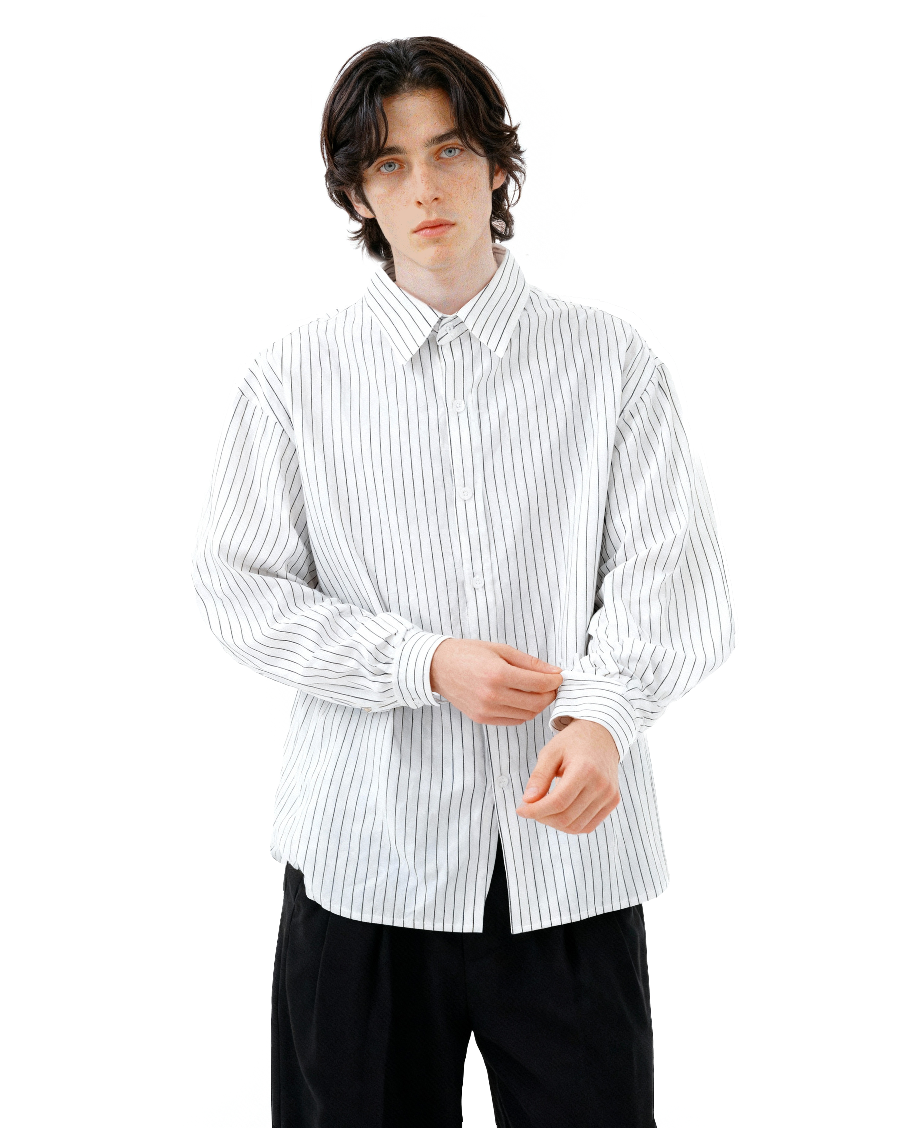 Pinstripe Long Sleeve Drop Shoulder Button Shirt-3