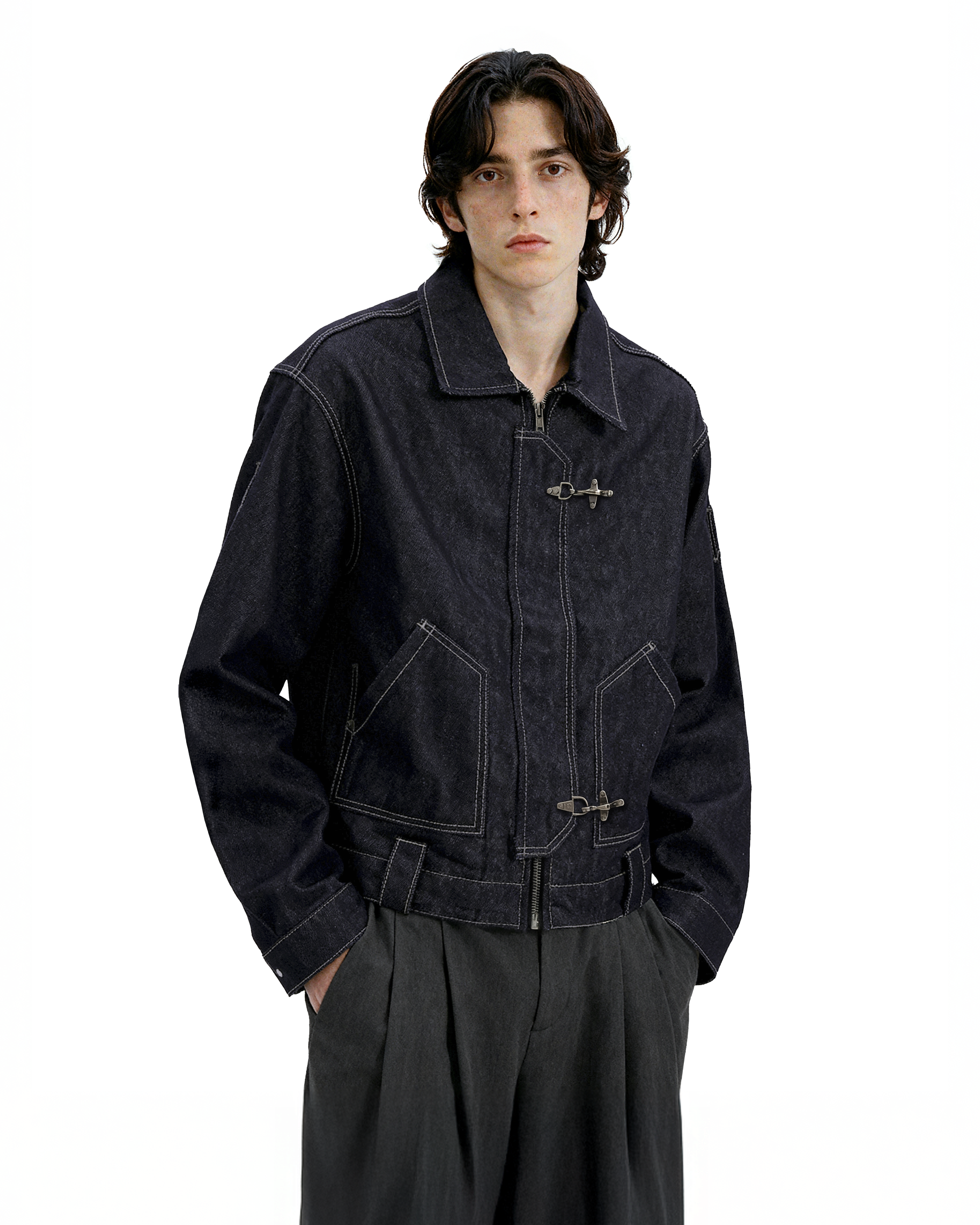 Dark Wash Fireman Clasp Mid-Crop Denim Jacket - nightcity clothing