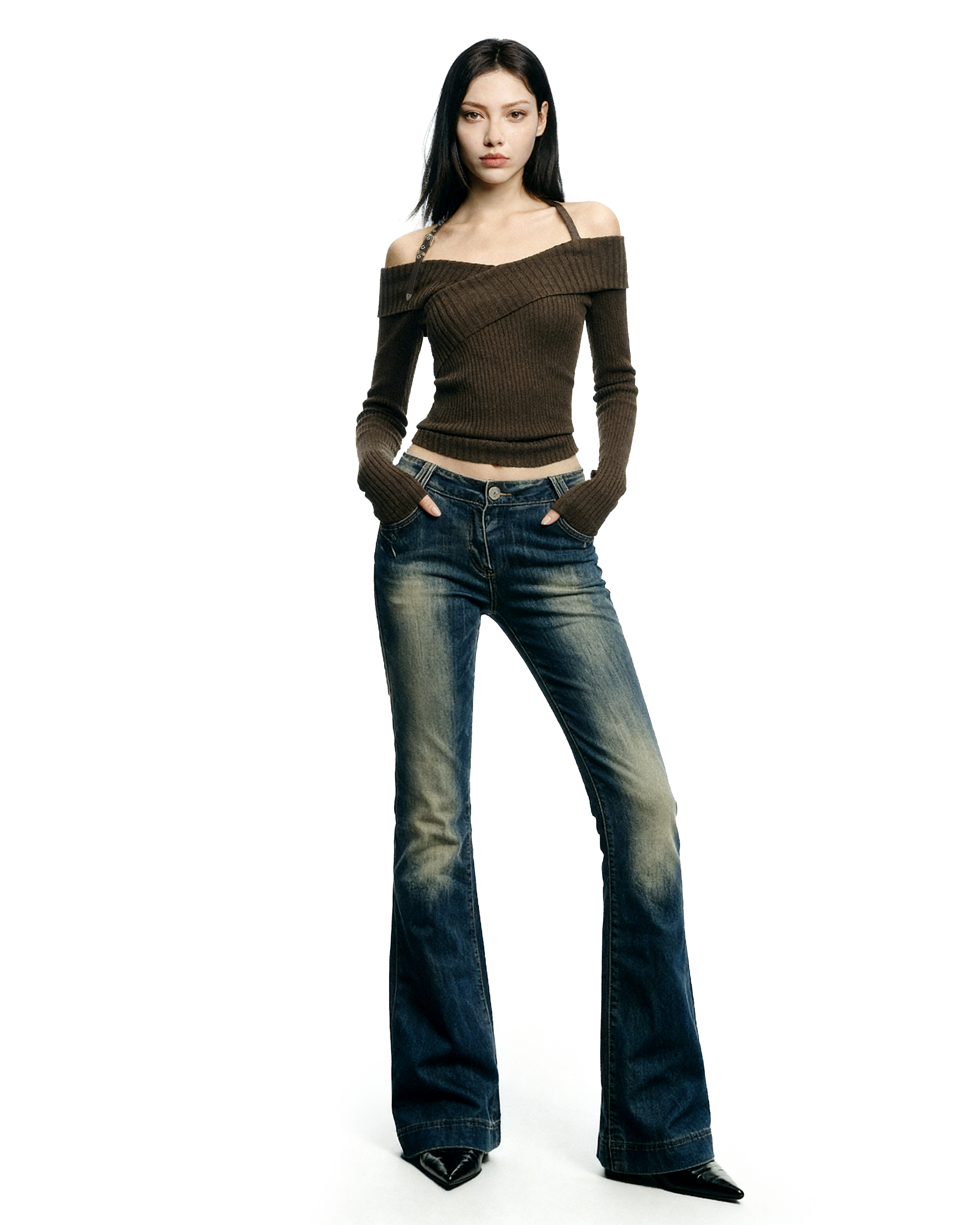 Halter Neck Ribbed Knit Long Sleeve Top - nightcity clothing