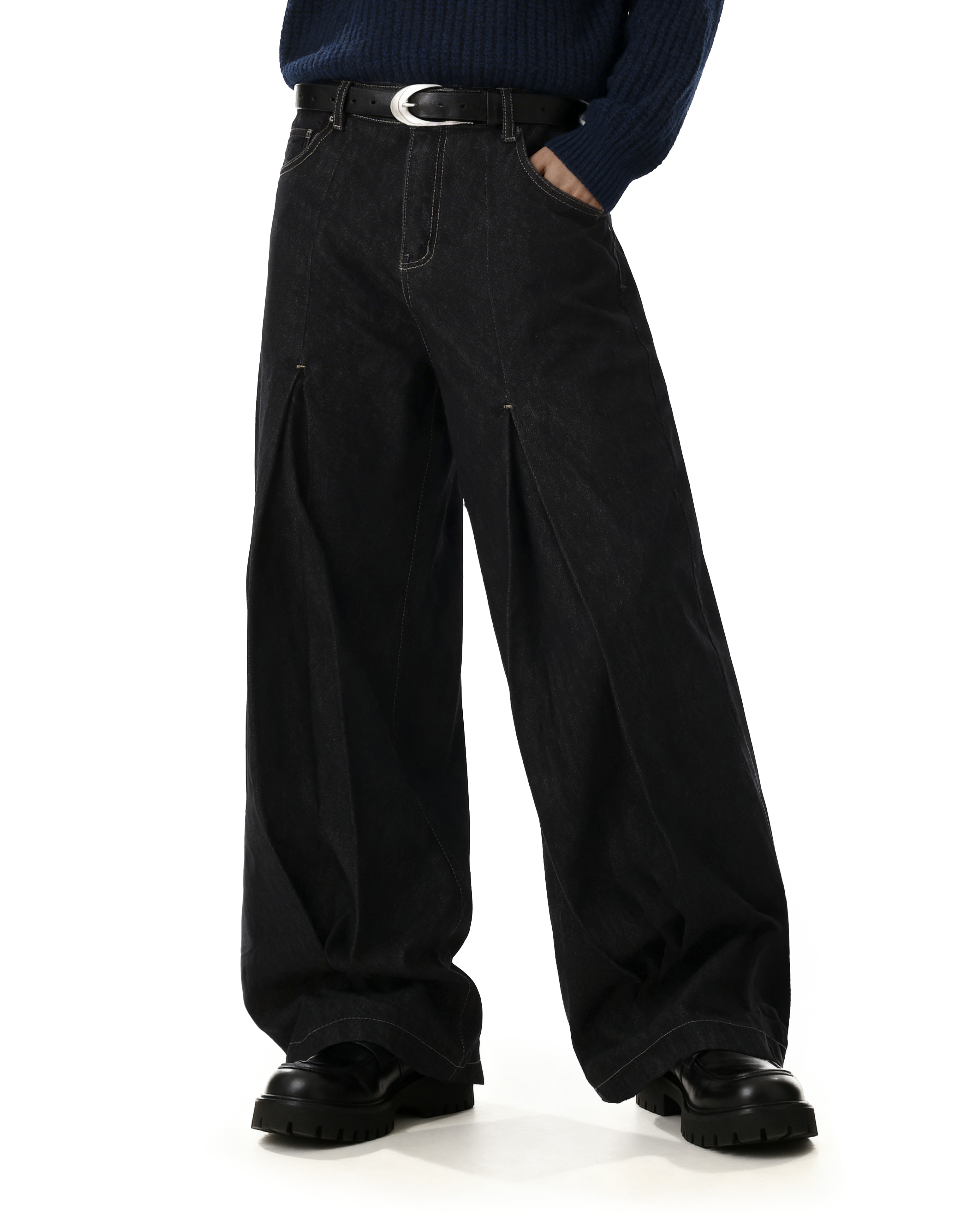 Half-Pleated Dark Wash Contrast Stitch Wide Jeans - nightcity clothing