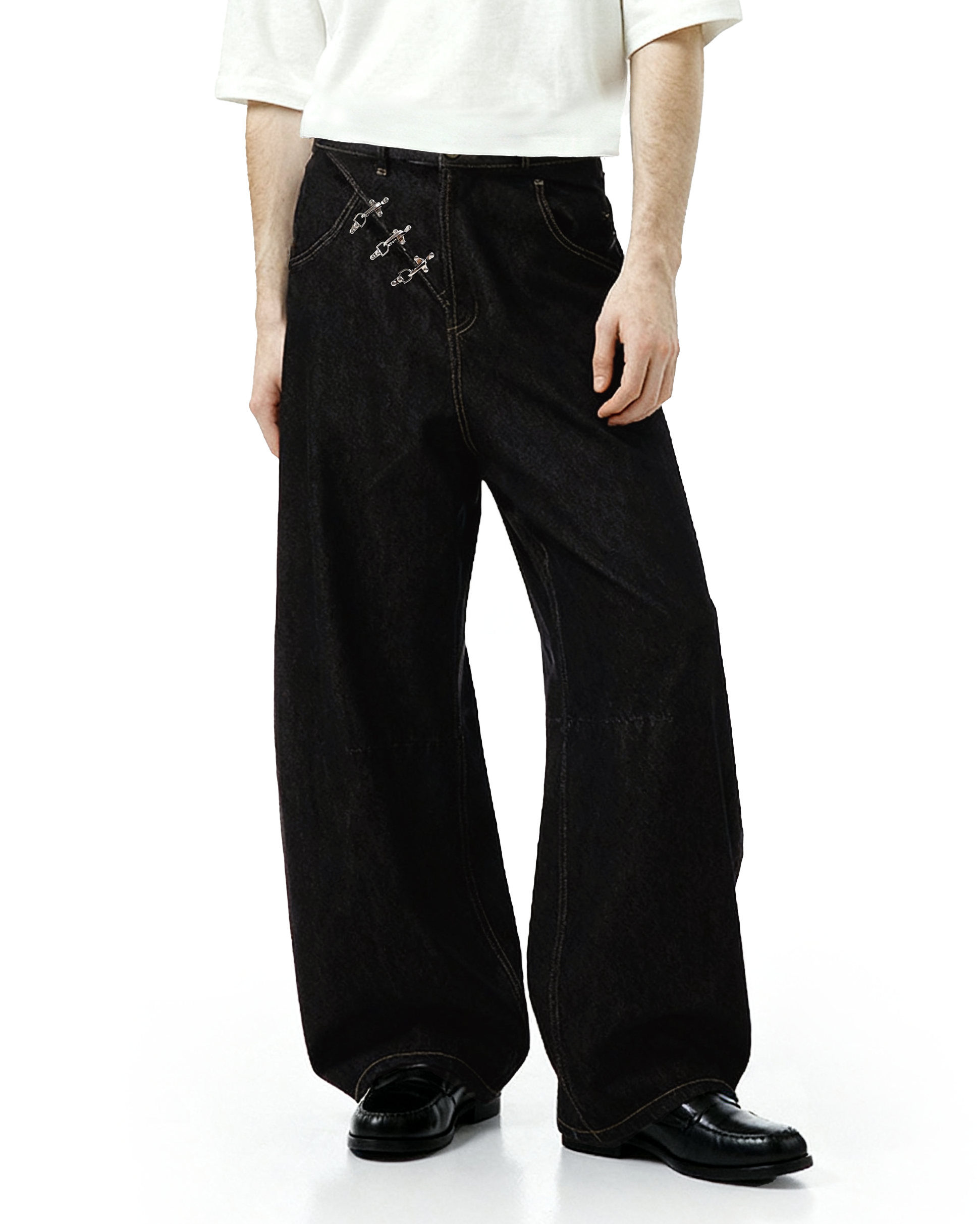 Contrast Stitch Wide Leg Jeans with Diagonal Fireman Buckles - nightcity clothing