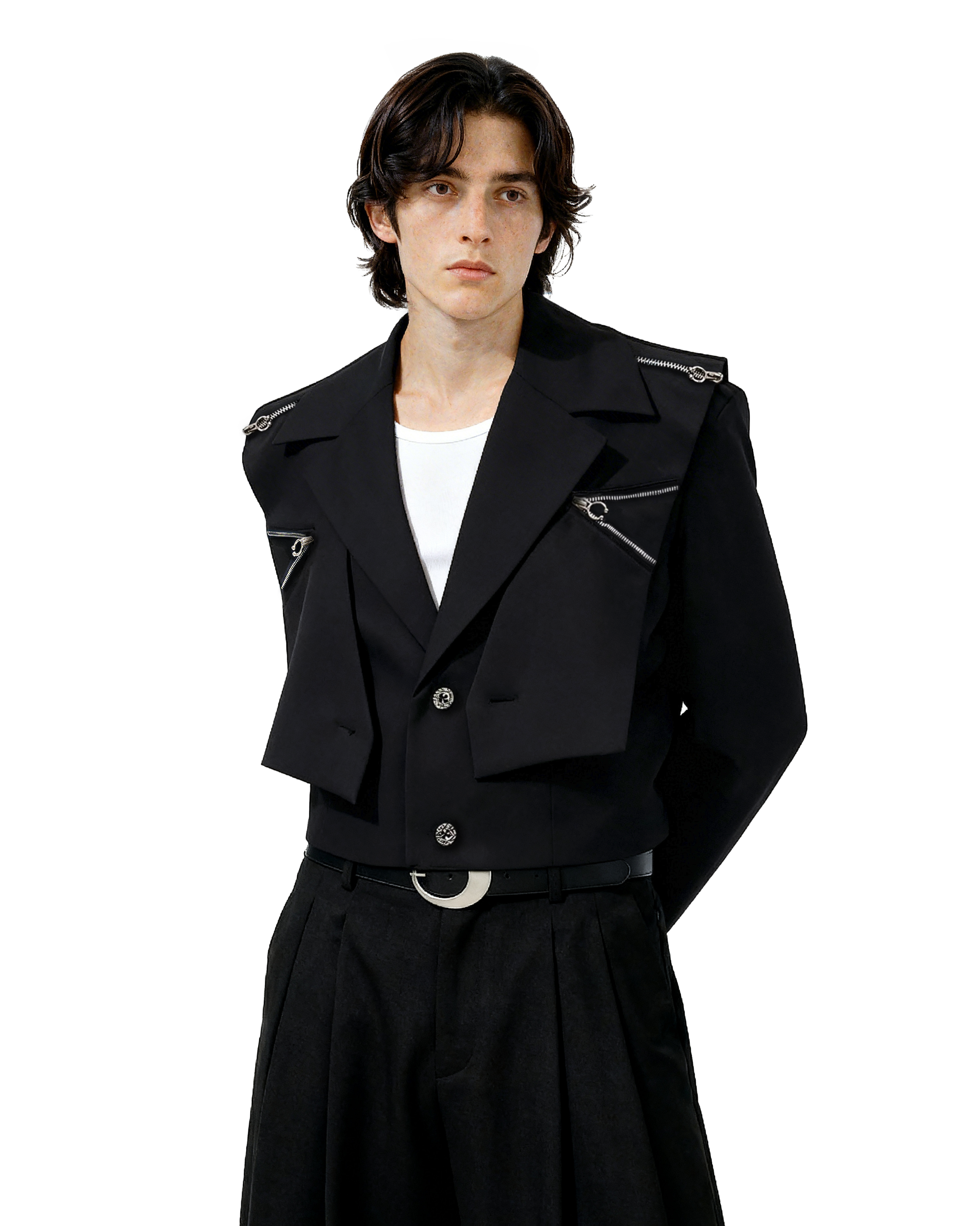 Oversized Cropped Blazer Jacket with Zip Details-3
