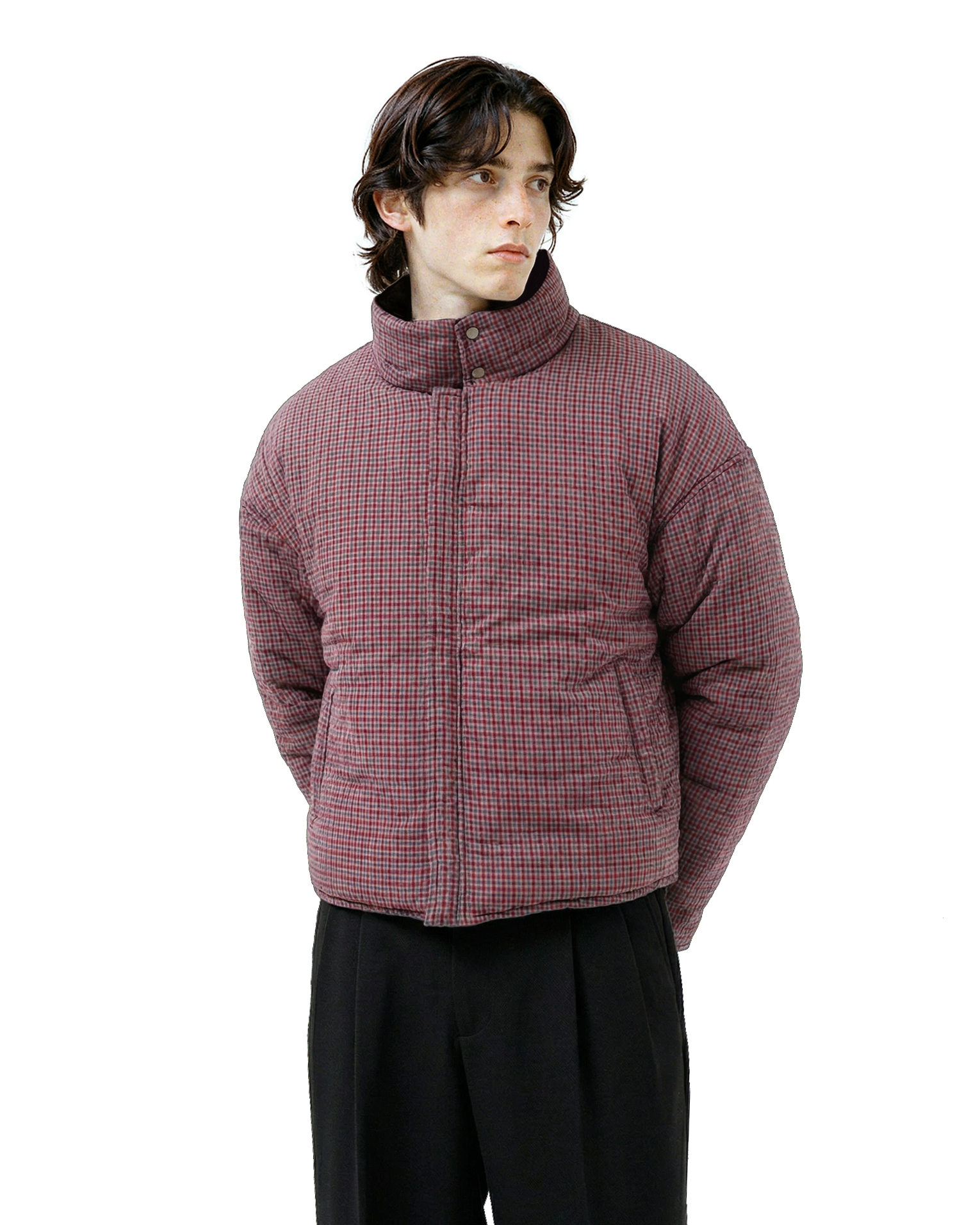Wide High Collar Plaid Reversible Puffer Jacket-3