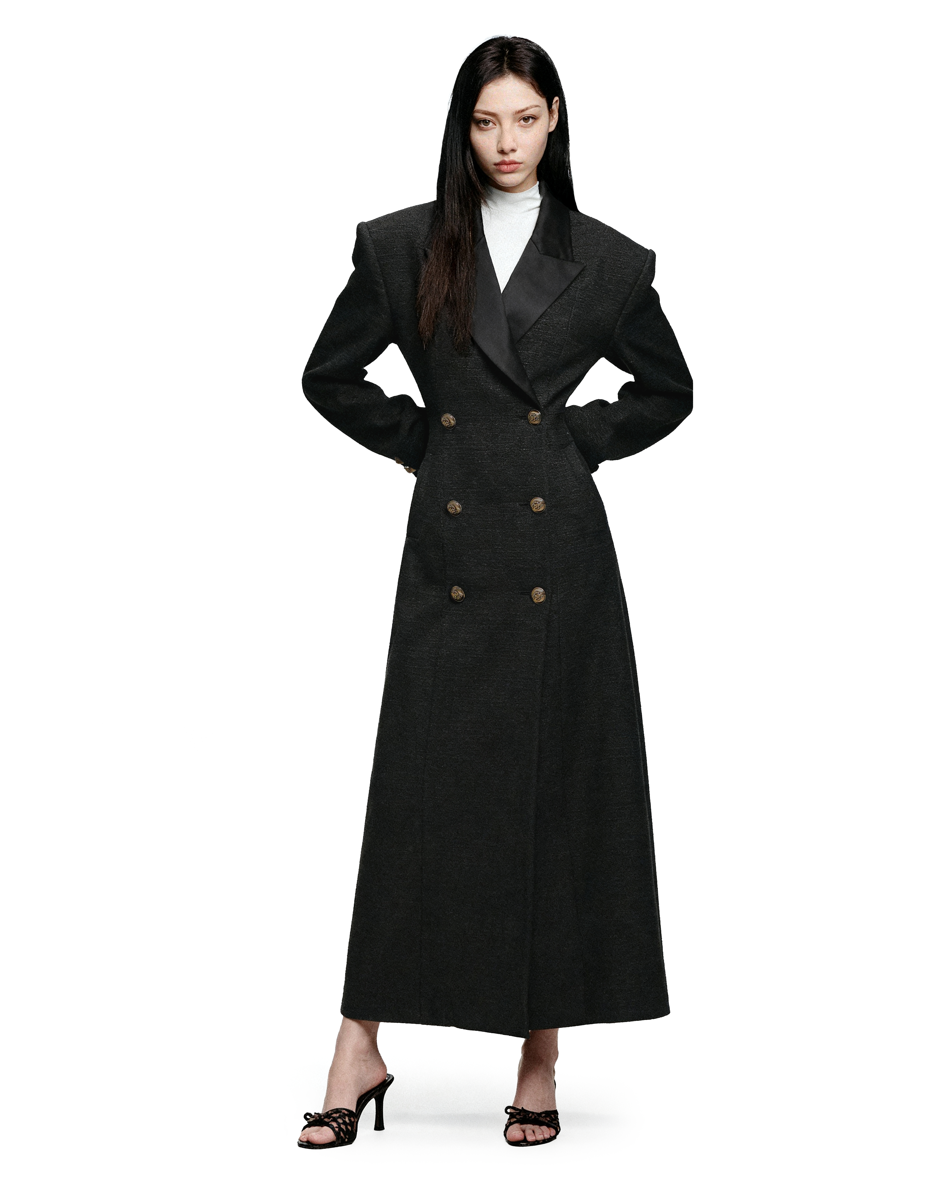 Structured Lapel Detail Double-Breasted Tweed Long Overcoat - nightcity clothing