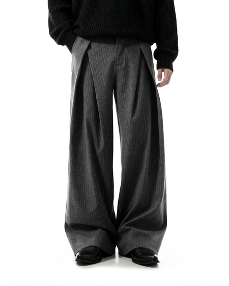 Overlap Pleated Pinstripe Wide-Leg Trousers - nightcity clothing