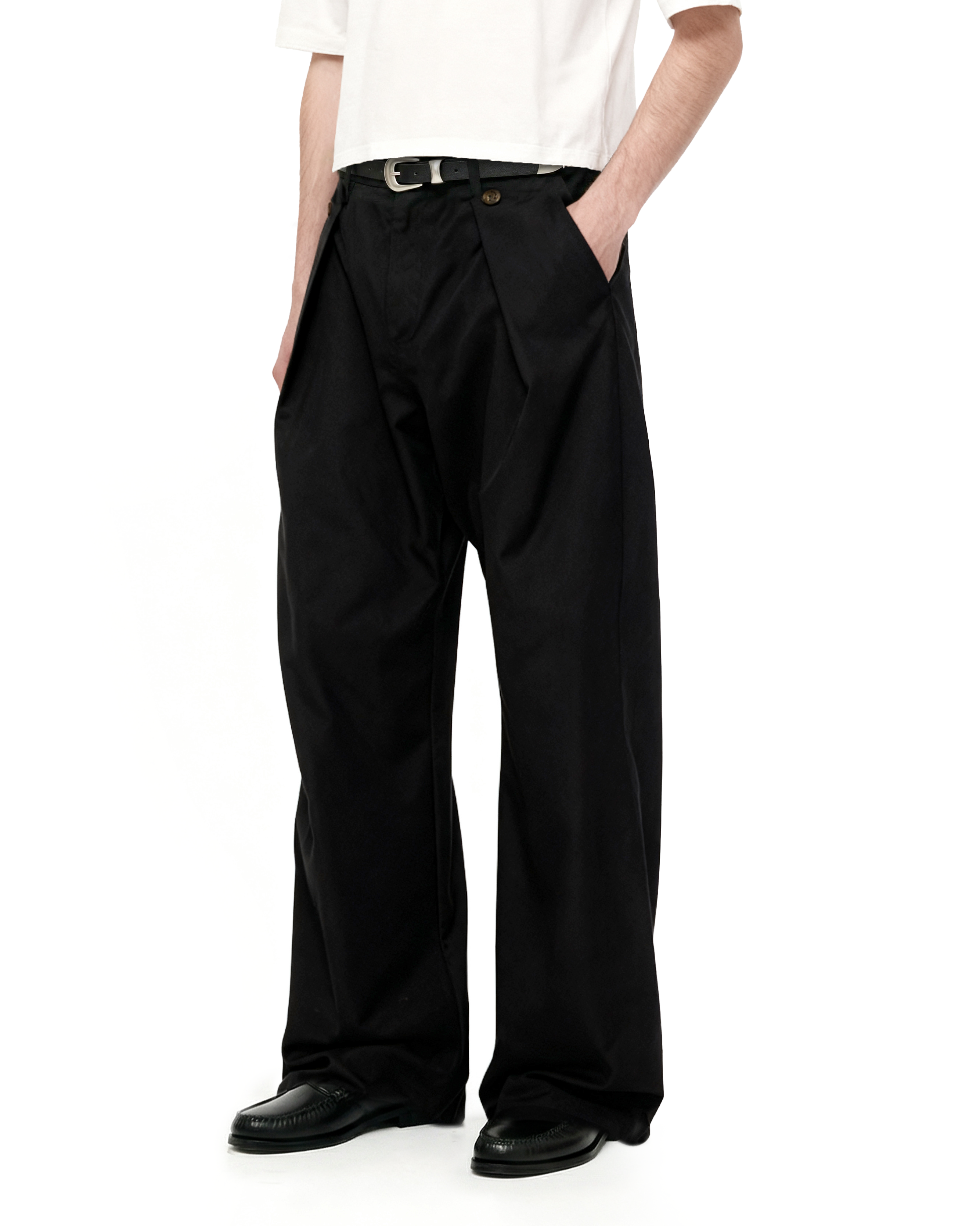 Wide Leg Pleated Pants with Side Overlay Button Panels - nightcity clothing