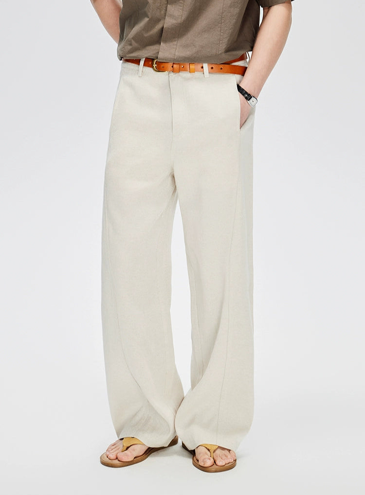 Straight Leg Linen-Blend Contrast Stitch Pants