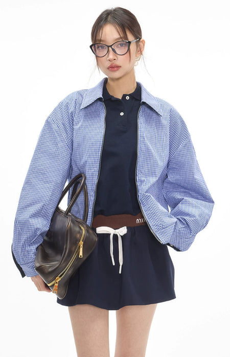 Reversible Zip-Up Gingham Check Collared Jacket