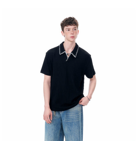 Cable Knit Short Sleeve Polo Shirt with Contrast Trim Collar