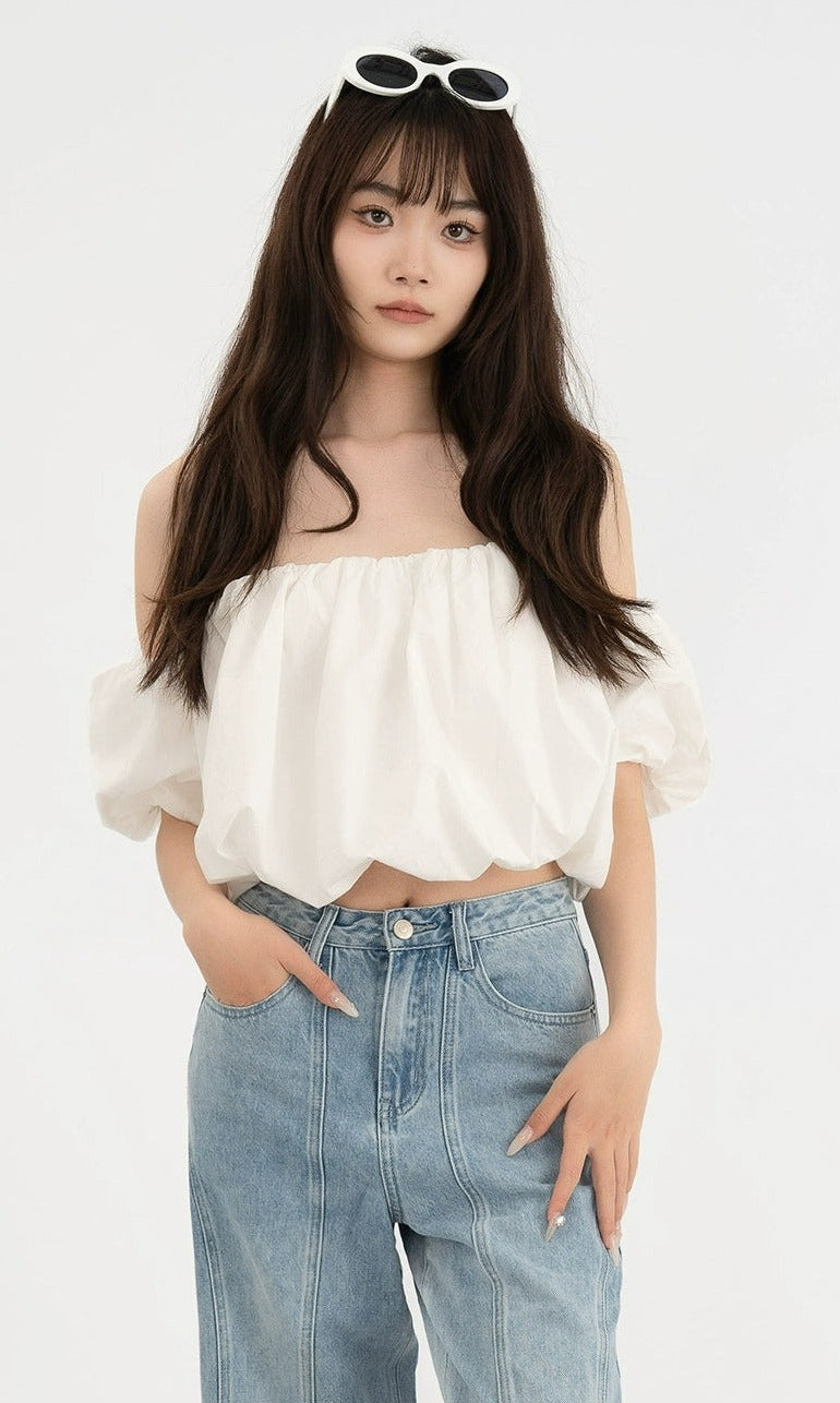 Ruffled Off-Shoulder Puff Sleeve Crop Top