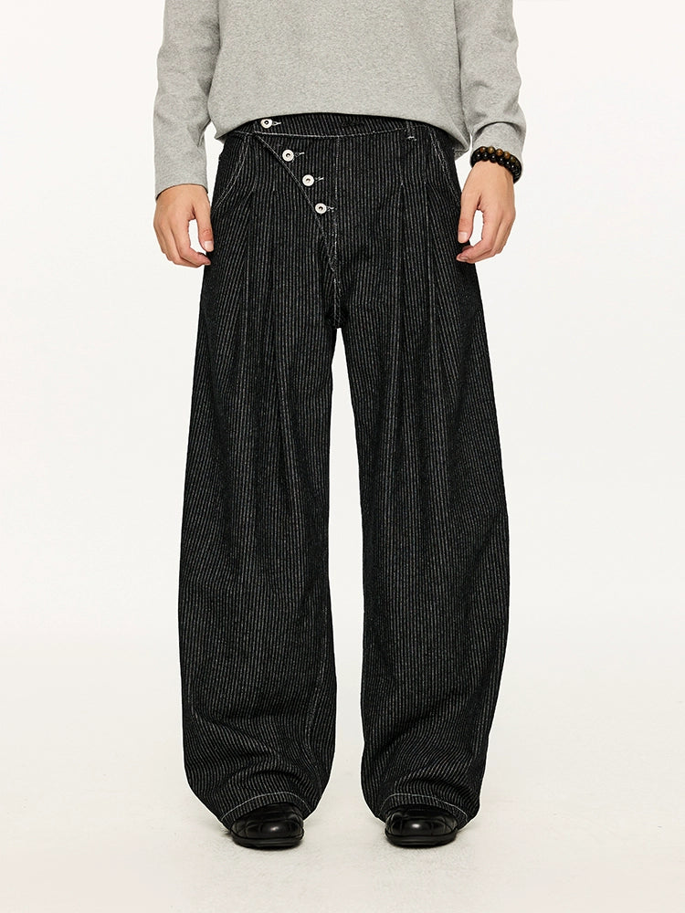 Pinstripe Pleated Wide Leg Asymmetric-Button Denim Jeans
