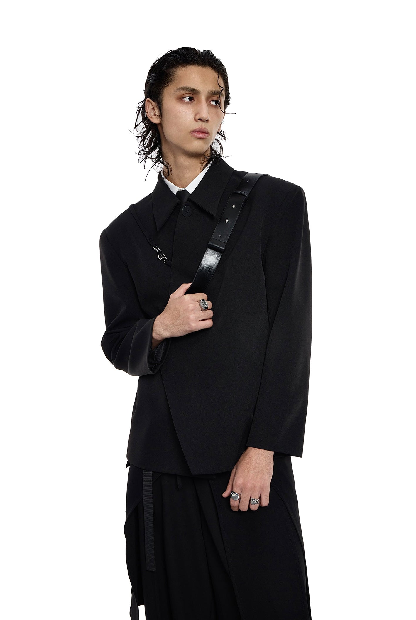 Asymmetric Button-Up and Metal Clasp Structured Blazer Jacket