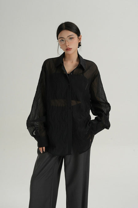 Sheer Wave Texture Long Sleeve Button Top