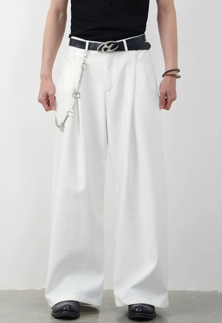 Wide Leg Single-Pleated Trousers with Tailored Waistband