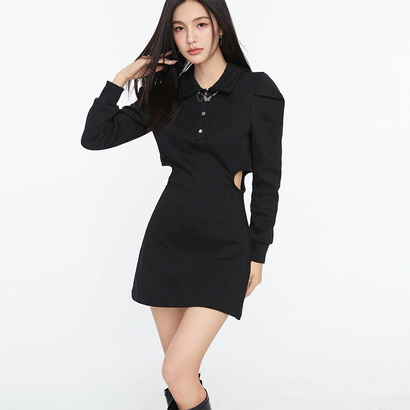Collared Long Sleeve Side-Cutout Mini Shirt Dress