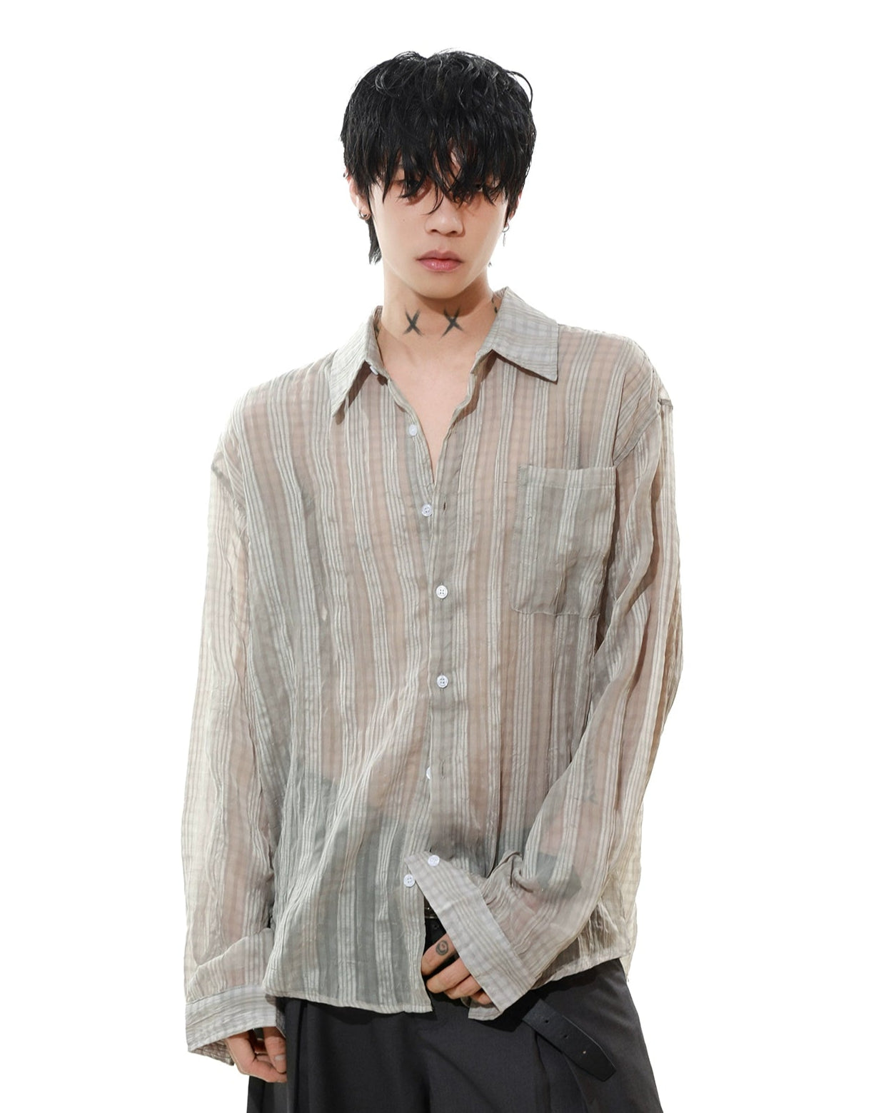Sheer Striped Button-Up Long Sleeve Shirt with Chest Pocket