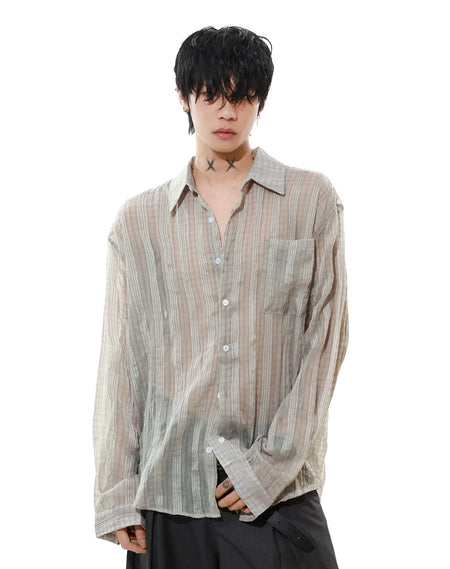 Sheer Striped Button-Up Long Sleeve Shirt with Chest Pocket - nightcity clothing
