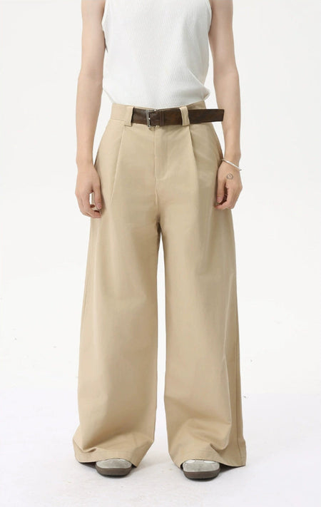 Pleated Wide Leg Trousers with Attached Belt - nightcity clothing
