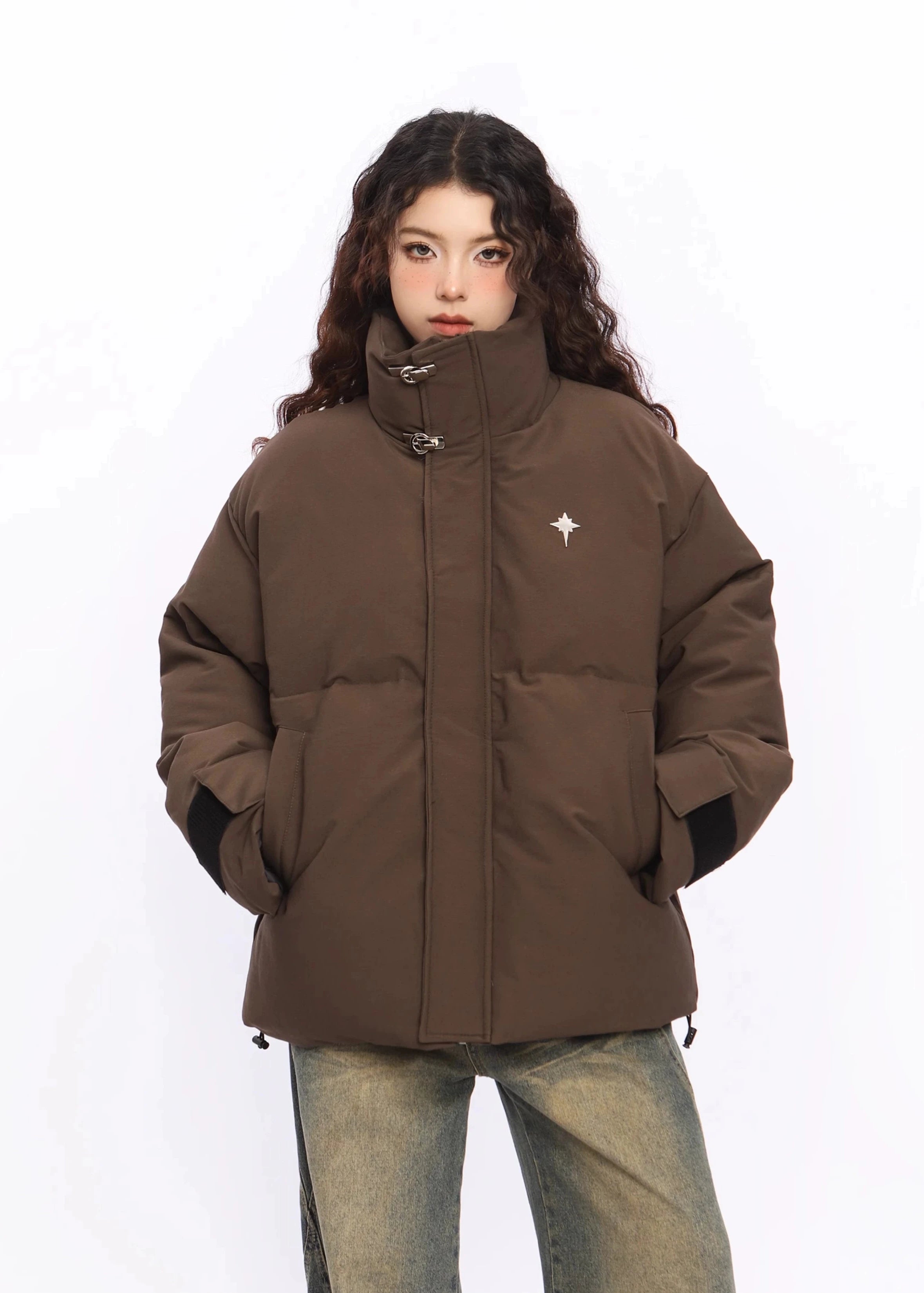 Puffer Jacket with High Collar Buckles Detail