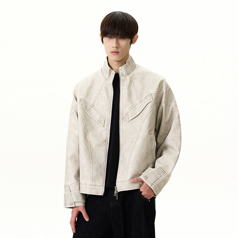 Panel-Stitch Faux Leather Racer Zip Jacket