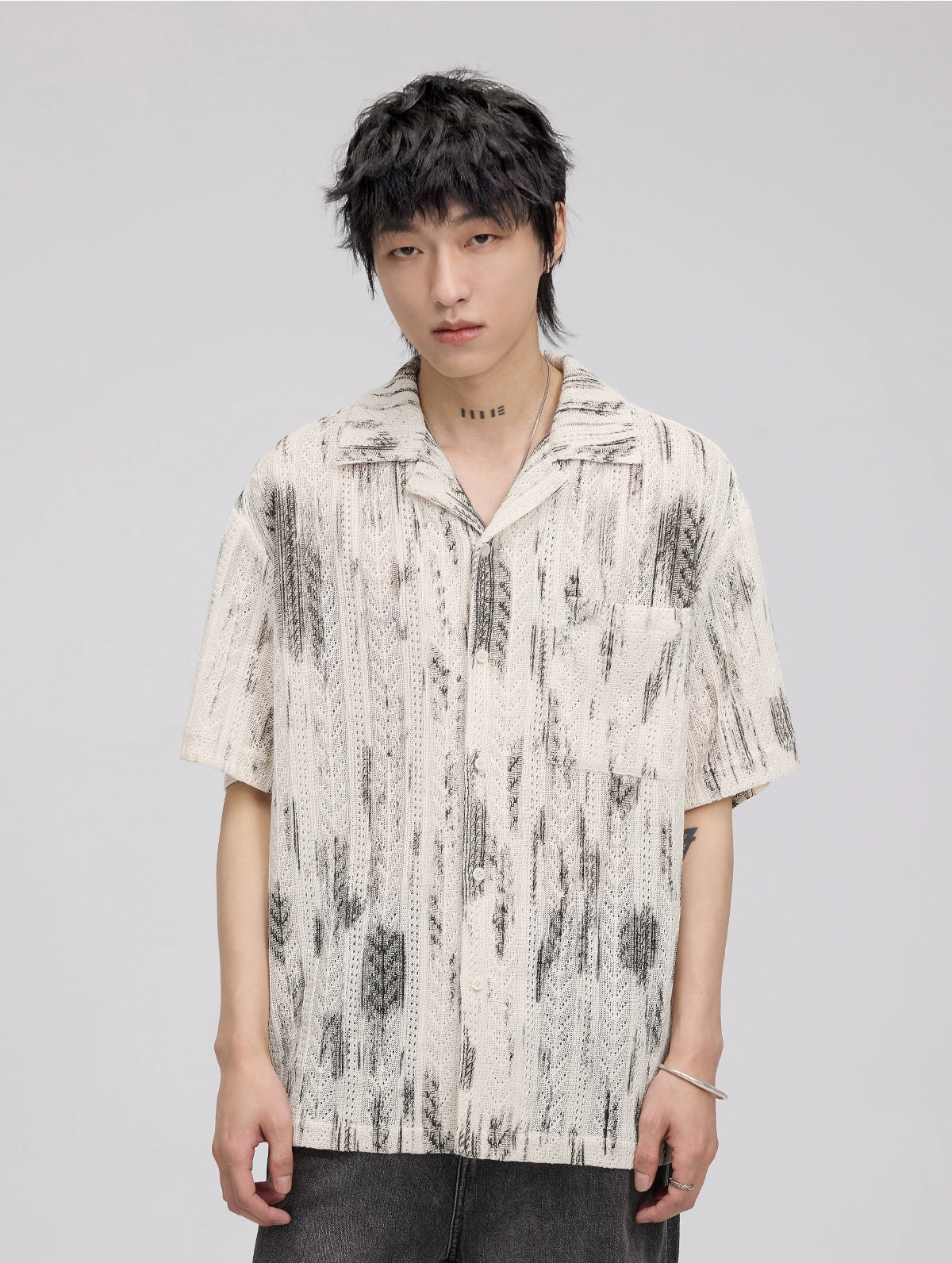Textured Button-Up Shirt with Abstract Tie-Dye Pattern