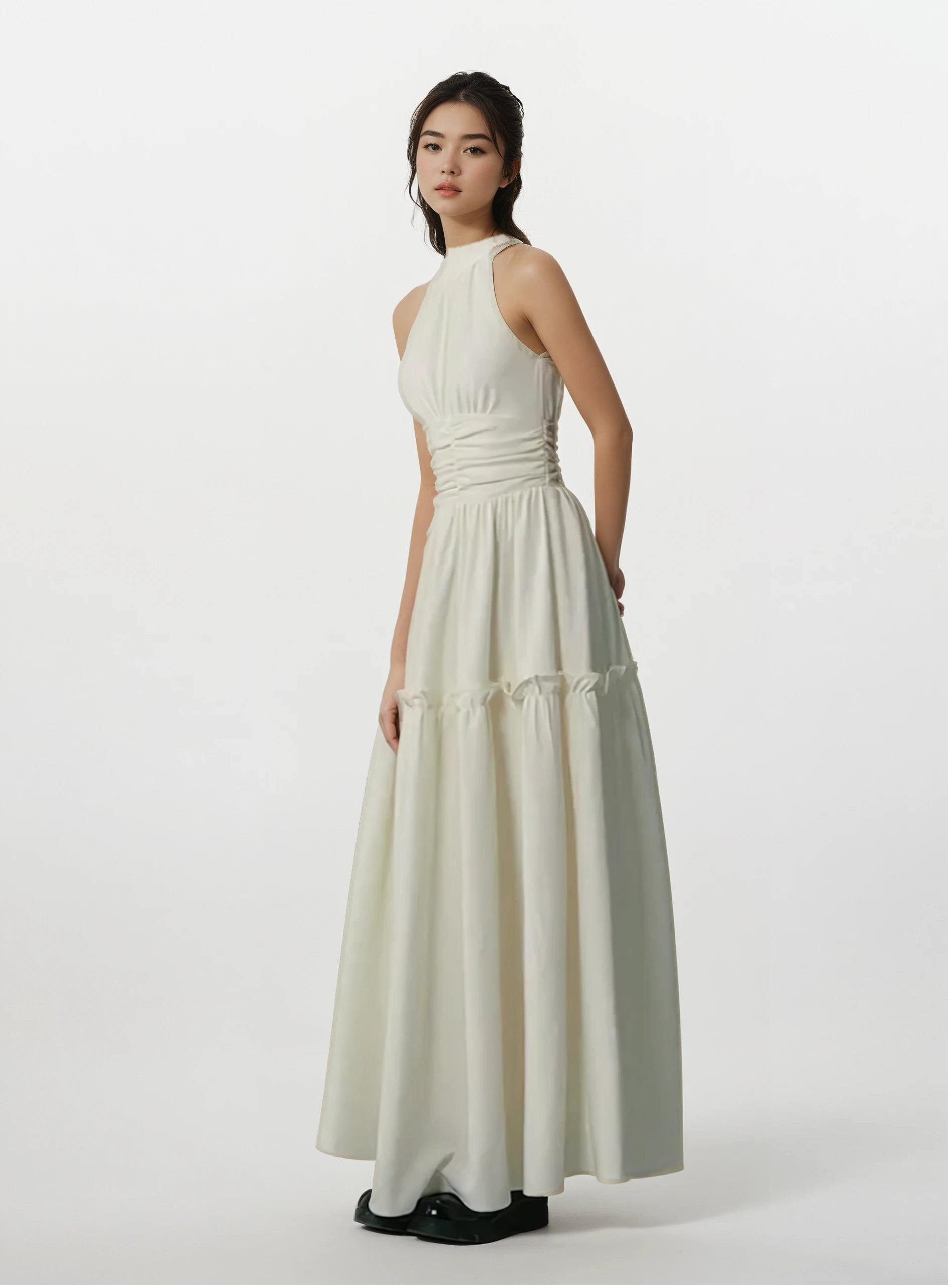 Halter Neck Maxi Dress with Ruched Waist and Gathered Skirt