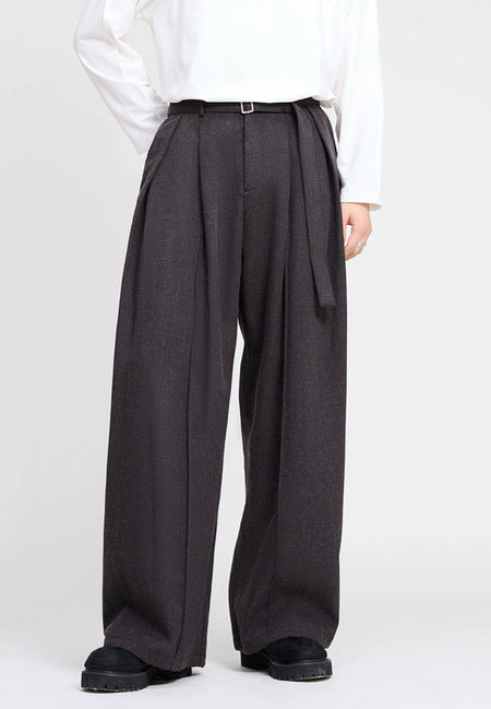 Wide Leg Multi-Pleated Trousers with Belt Detail