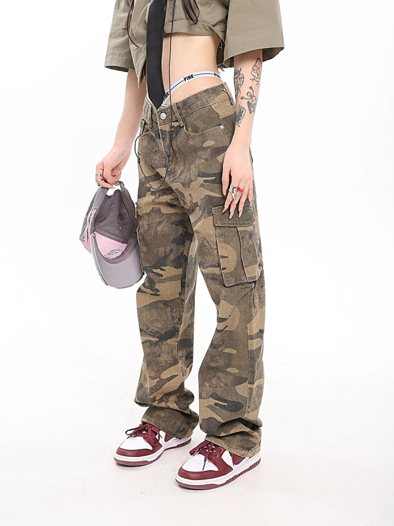 Camo Cargo Pants with Fold-Over Waistband Detail