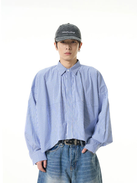 Oversized Striped Drop-Shoulder Cropped Button-Up Shirt - nightcity clothing