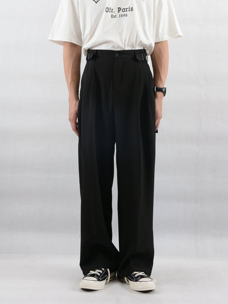 Wide Leg Pleated Trousers with Buckle Detail - nightcity clothing