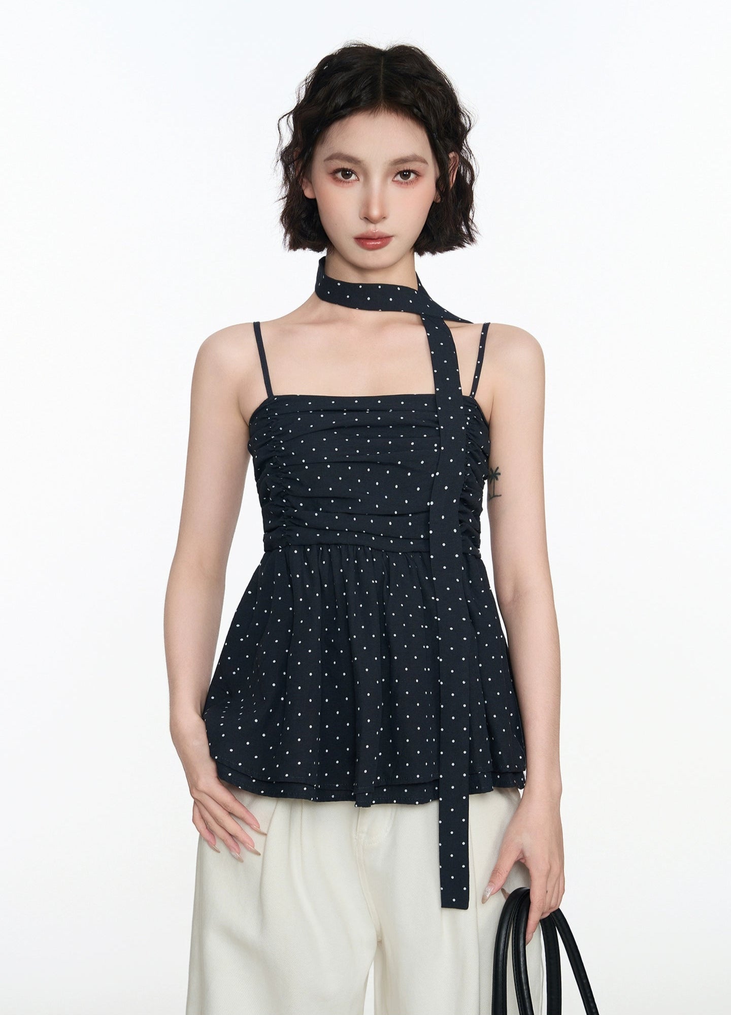 Ruched Polka Dot Spaghetti Strap Top with Scarf Detail