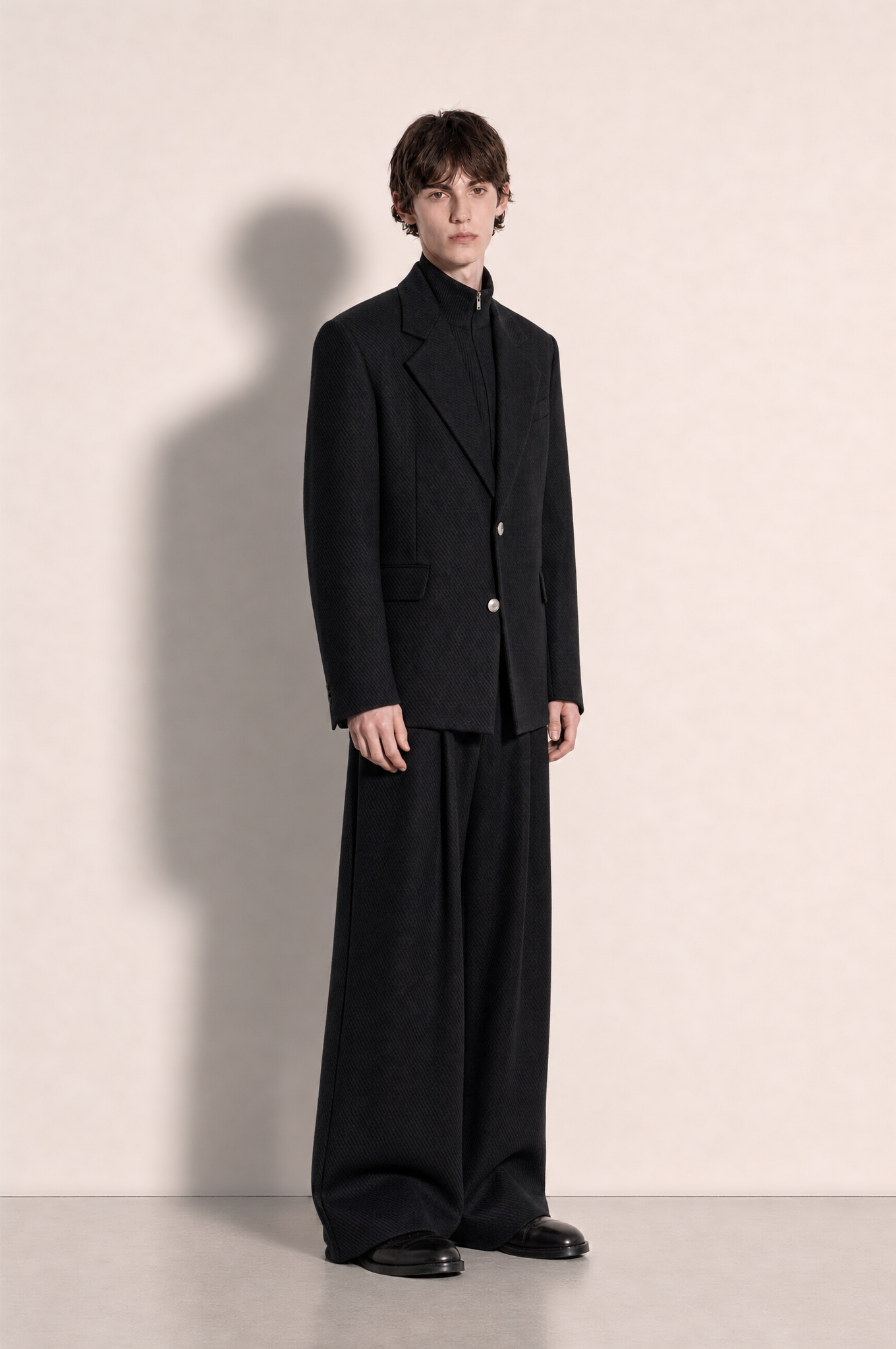 Boxy Hybrid Blazer and Wide Leg Trousers in Black – three-quarter view