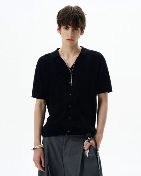 Textured Cable Knit Button-Up Shirt with Spread Collar