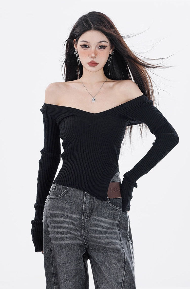 Off Shoulder Knit Long Sleeve Top with Side Slit