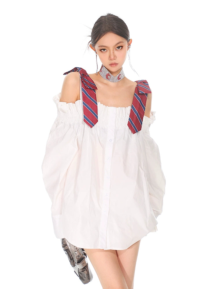 Necktie Strap Ruched Shoulder Stripe Button Top