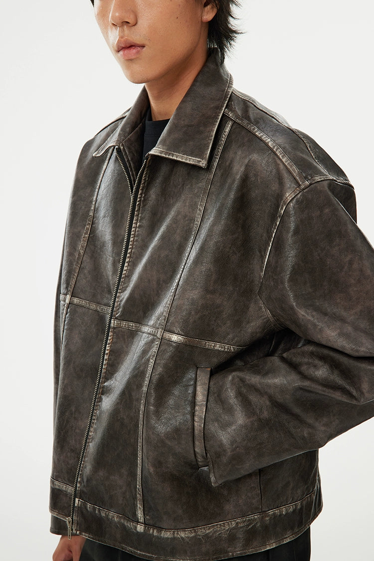 Oversized Faux Faded Leather Zip Jacket with Stitch Detail