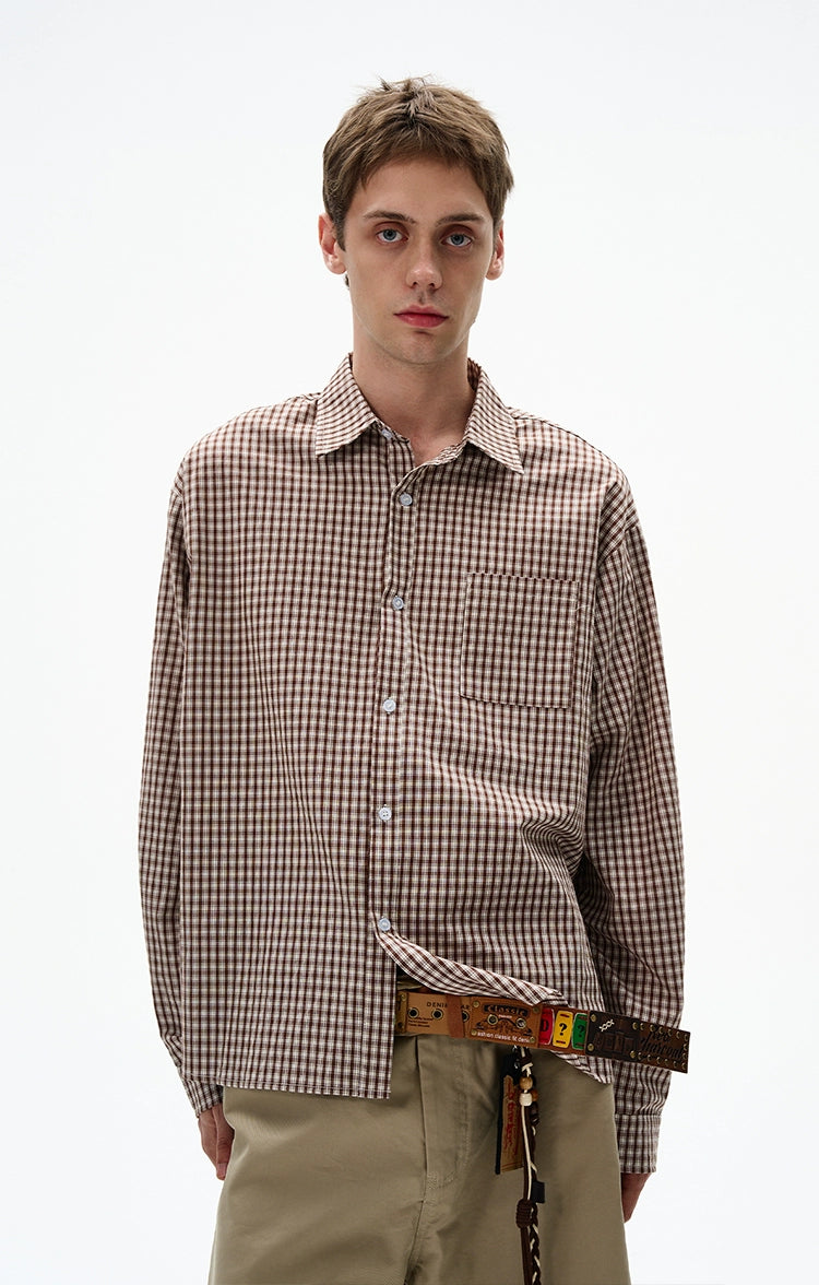 Slim Drop Shoulder Narrow-Plaid Button-Up Shirt