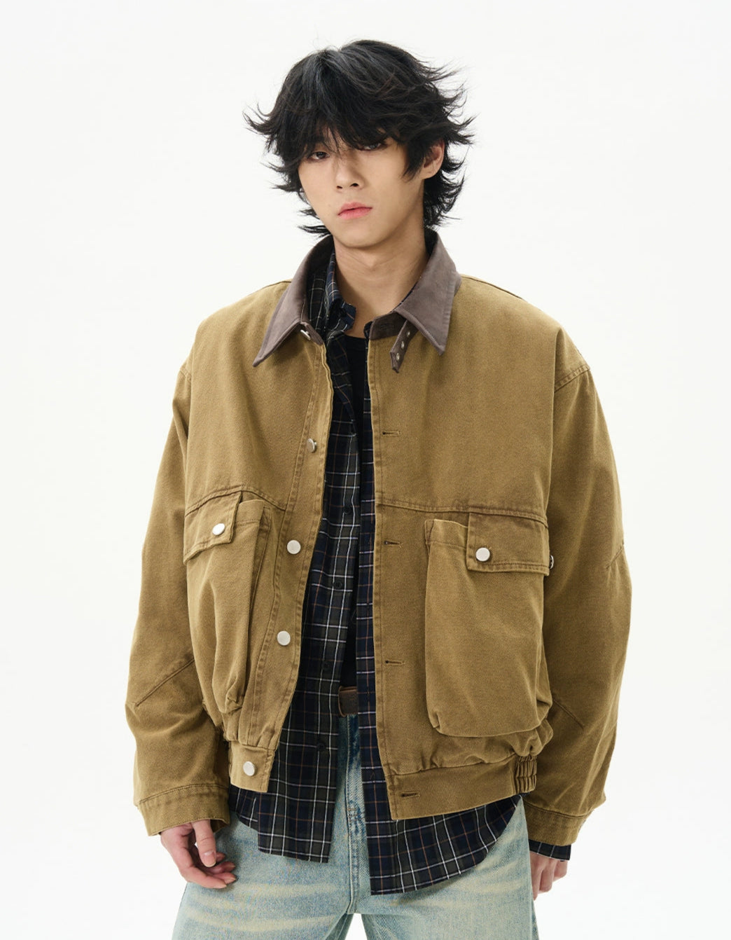 Oversized Worker Button Jacket with Contrast Collar