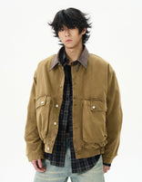 Oversized Worker Button Jacket with Contrast Collar - nightcity clothing